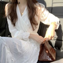 Nomikuma Korean Elegant V Neck Long Sleeve White Dress Women Solid Colour Slim Waist A Line Dresses Female Vestidos Mujer 3c463 210514