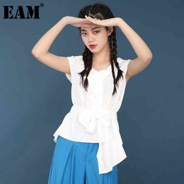 [EAM] Women Bandage Bow Asymmetrical Blouse Skew Collar Short Sleeve Loose Fit Shirt Fashion Spring Summer J49500 210512