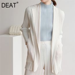 DEAT Pleated Blazer Coat Woman Full Sleeve Notched One Button Solid Thin Jackets Office Lady Style Autumn Fashion XQ402 211019