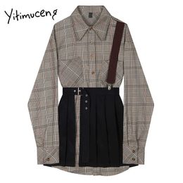Yitimuceng Plaid Mini Dresses Women Spring Square Collar A-Line Single Breasted Long Sleeve Fashion Clothing Office Lady 210601