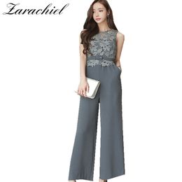 Summer Lace Patchwork Grey Women Sexy Sleeveless Belt High Waist One Piece Long Pant Wide Leg Jumpsuit Office Femme 210416