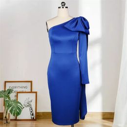 Midi Dresses for Women Party Blue One Shoulder Bodycon Sexy Bow Club Birthday Celebrity Evening Date Out Robes Plus Size 210527