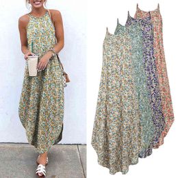 Printed Maxi Dresses VONDA Bohemian Sexy SleevelSundrWomen Causal Halter Summer Beach DrAsymmetric Long Dresses 5XL X0529