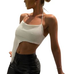Kayotuas Women T-Shirt Female Halter Sleeveless Backless Solid Colour Asymmetrical Tops Sexy Ladies Summer Streetwear 210522