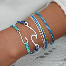 Wave fish hook charm bracelet Hand weave Adjustable multilayer wrap bracelets women summer beach Jewellery will and sandy