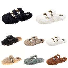 Cheaper autumn winter womens slippers metal chain all inclusive wool slipper for women triple black white outer wear plus big szie Muller half drag shoes 35-40