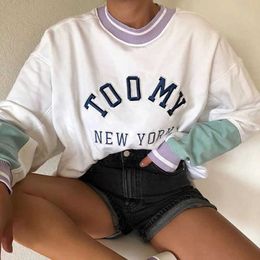 Embroidery Letter New York Brand Design Loose White Sweatshirt Women 2020 Autumn Plus Size Tops Girl Casual Long Sleeve Clothes X0721