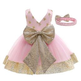 1-6Y Princess Toddler Baby Girls Dress Headband 2pcs Sequined Print Lace Sleeveless Tutu Dress Party Outfits 4 Color Q0716