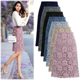 8XL Women Skirt Summer Plus Size Lace Elegant Office Skirts Womens Pencil Bandage Skirt For Women Skirts Knee-length High Waist 210608