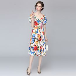Boutique Summer Dresses Short Sleeve Sweetheart Collar High-end Womens Printed Dress Fashion Elegant Lady Floral Dresses