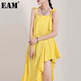 [EAM] Women Yellow Irregular Ruffles Bandage Dress Neck Sleeveless Loose Fit Fashion Spring Summer 1DD7663 21512
