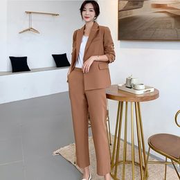 Business Elegant Pencil Pant Suits 2 Piece Set Women Solid Blazer & Pants Office Lady Notched Jacket Formal Suit 210421