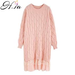 H.SA Women Winter Cardigans Turtleneck Lace Stitch Pull Jumpers Long Knit Sweater Dress Twisted Ugly Sweaters Tops 210417