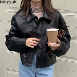 Pu Leather Women Coat Autumn Full Sleeve Single Breasted Turn-down Collar Jacket Korean Cool Girl Fashion Tops Coats 210514