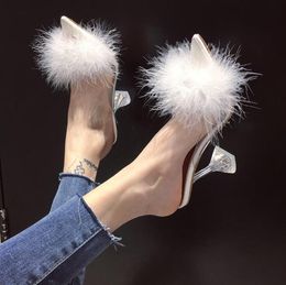 New Summer Fluffy Peep Toe Sexy High Heels Women Shoes Fur Feather Lady Fashion Pointed Slippers Transparent Stiletto Crystal Sandals