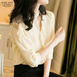 Silk Shirt Women Fashion Stand Collar Chiffon Blouses Blusas Mujer De Moda Summer Hollow Out Ruffled Ladies Top 9727 210506