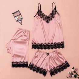 Sexy Women Pajamas 3 Pieces Sets Satin Sleepwear Pijama Silk Home Wear Embroidery Sleep Lounge Pyjama with Chest Pads 210622