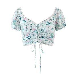Spring and Summer Print Top Draw Rope Square Collar Sexy Elastic Pleated Lace Versatile Mini Women Short Sleeves Garden 210521