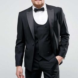 Black Slim Fit Groom Tuxedo for Wedding 3 Piece Man Fashion Suits Peaked Lapel Custom Male Jacket Pants with Waistcoat X0909