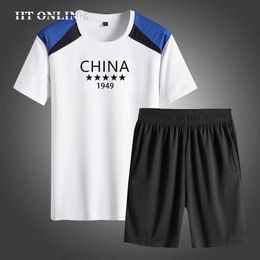 Summer Short Sleeve Men's Set Tracksuit Quick Dry Printing T-Shirt 2 Piece+shorts Casual Joggers Fitness Breathable Sportswear 210603