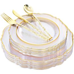Disposable Dinnerware 50 Pcs Tableware Baroque Transparent Golden Plastic Plate Silverware With Glitter Suitable For Weddings And Parties