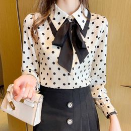 Korean Women Shirts Chiffon Blouses for Polka Dot Woman Long Sleeve Blouse Bow Tie Tops Plus Size 210604