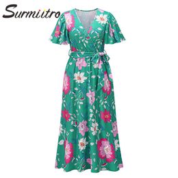 SURMIITRO V Neck Long Summer Dress Women Fashion Short Butterfly Sleeve Floral Print Tunic Beach Party Midi Sundress Female 210712