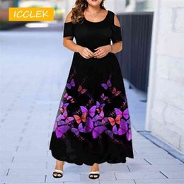ICCLEK S-7XL Plus Size Dress Evening Party Summer Maxi Women Dress Large Ladies Short Sleeve Floral Printed Elegant Gifts 210331
