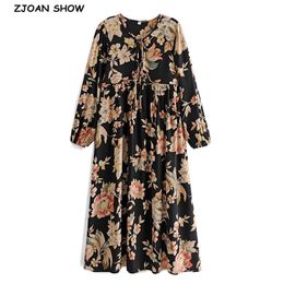 BOHO Lacing up V neck Flower Print Dress Black Ethnic Woman Bandage Maxi Long Cotton Sleeve Dresses Holiday Vestido 210429
