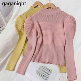 Women Slim Sweater Turtleneck Autumn Fashion Pullovers Sweet Solid Ruched Puff Sleeve Knitted Cropped Sweaters 210601