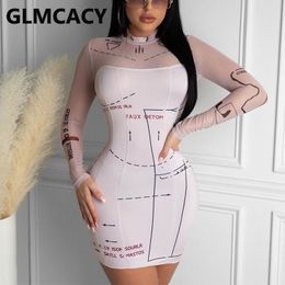 Women Mesh Insert Bodycon Dress Long Sleeve Party Club Mini Dresses 210702