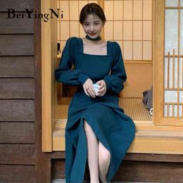 Beiyingni Square Collar Midi A Line Dress Women Casual Vintage Fashion High Waist Party Dresses Ladies Elegant Sweater Vestidos Y1204