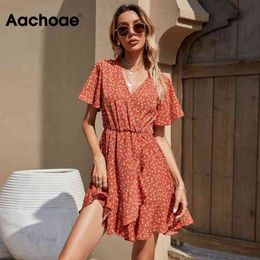 Women Floral Print Beach Mini Flare Short Sleeve Casual Summer V Neck Elegant Ruffles Dress Sundress Robe 210413