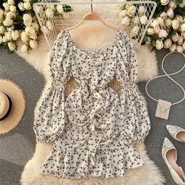 Korea Women Spring Fashion V-neck Long Lantern Sleeve Fold Slim Flower Print Package Hip Mini Dress Vestidos R927 210527