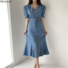 Summer Women Blue Denim Dress Vintage Tunic Short Puff Sleeve V-neck Trumpet Mermaid Ladies Dresses With Pocket 210513