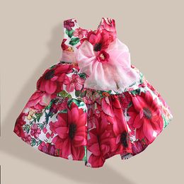 Super Bow Girls Dresses Fashion Silk Bow Rose Flower Print Sleeveless Girl Party Dress children clothing vestidos infantis 1-6T Q0716