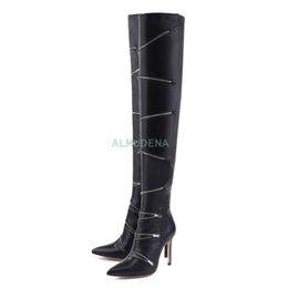 Boots Black Leather Stitching Zippers Stiletto Pointy Toe Over The Knee Women Side Zipped Daily Size36-46 Slim Thigh High