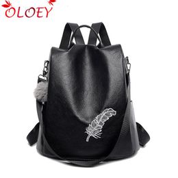 Outdoor Bags Luxury Black Leather Backpack Women Travel Embroidery Feather Flower Pattern Fur Ball School Bag For Girls 2021 Quality