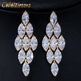 Stunning Marquise Cut Cubic Zirconia Stone Dubai Gold Colour Long Big Dangle Wedding Party Earrings for Women CZ570 210714