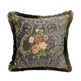 dark green pillow cases UK - Deluxe Vintage French Rose Dark Green Traditional Floral Chenille Decorative Home Cushion Cover Style Throw Pillow Case 45x45 cm 210401