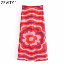 Zevity Women Vintage Striped Floral Print Casual A Line Midi Skirt Faldas Mujer Female Chic Back Zipper Split Vestido QUN777 210621