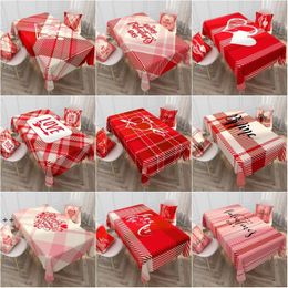 NEWValentine Day Table Cloth Rectangle Decorative Plaid Love Pattern Waterproof Washable and Reusable Table Cover RRD12157