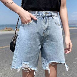 Summer Women Streetwear Hole Wide Leg Blue Denim Shorts Vintage Female High Waist Solid Colour Jeans Bermuda 210430