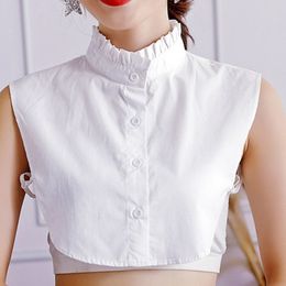 Women Sweet Wrinkled Ruffles Fake Stand Collar Layering White Sweater Half-shirt L4me