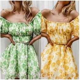 Dress matching shoes spring summer autumn seaside beach one line collar slash neck casual waist slim sexy charm over knee flower pattern Chiffon Short Sleeve skirt