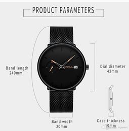 Men Luxurious high quality fashion Quartz Watch simple design Ultra thin dial Stainless steel milan mesh strap Watches Auto Date W314H