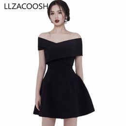 Off Shoulder Black Summer Dress Women Sexy Slash Neck Ball Gown Black Party Dress Slim Fashion Short Sleeve Vestidos 210514