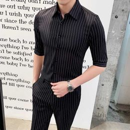 British Style White Men Short Shirt With Pant Fashion Slim Fit Striped Business Formal Shirts Men Suit Casual Host Dress Tuxedo X0909