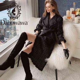 Dabuwawa Wool Blend Winter Tweed Coat Women Long Sleeve Elegant Sash Belt Female Outwear Coat Autumn Winter Streetwear DT1DLN007 210520