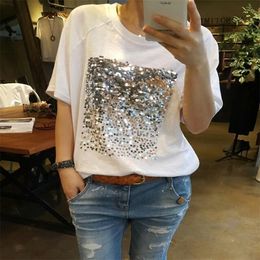 Summer Korean version of the loose large size cotton sequins bamboo cotton white t-shirt female short-sleeved fitness 210522